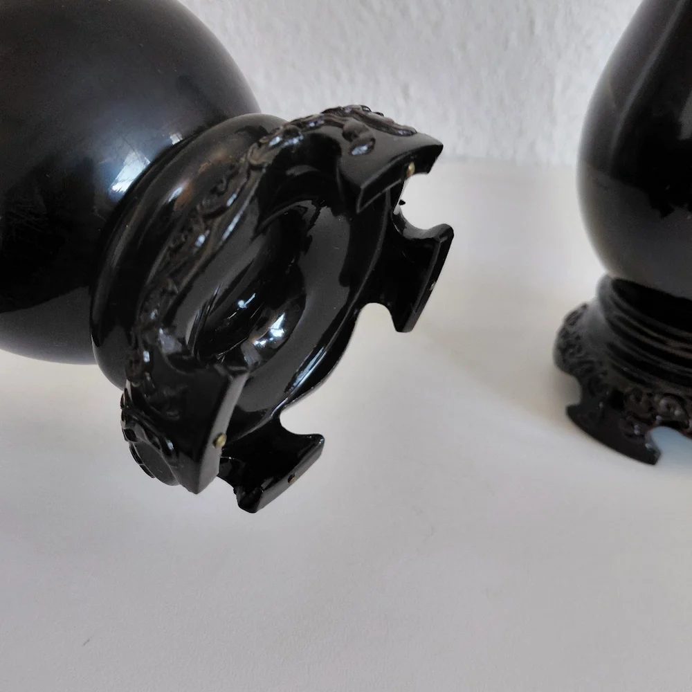 Antique Chinese Foochow Fuzhou Hand Painted Black Lacquered Wood 2 Vases.